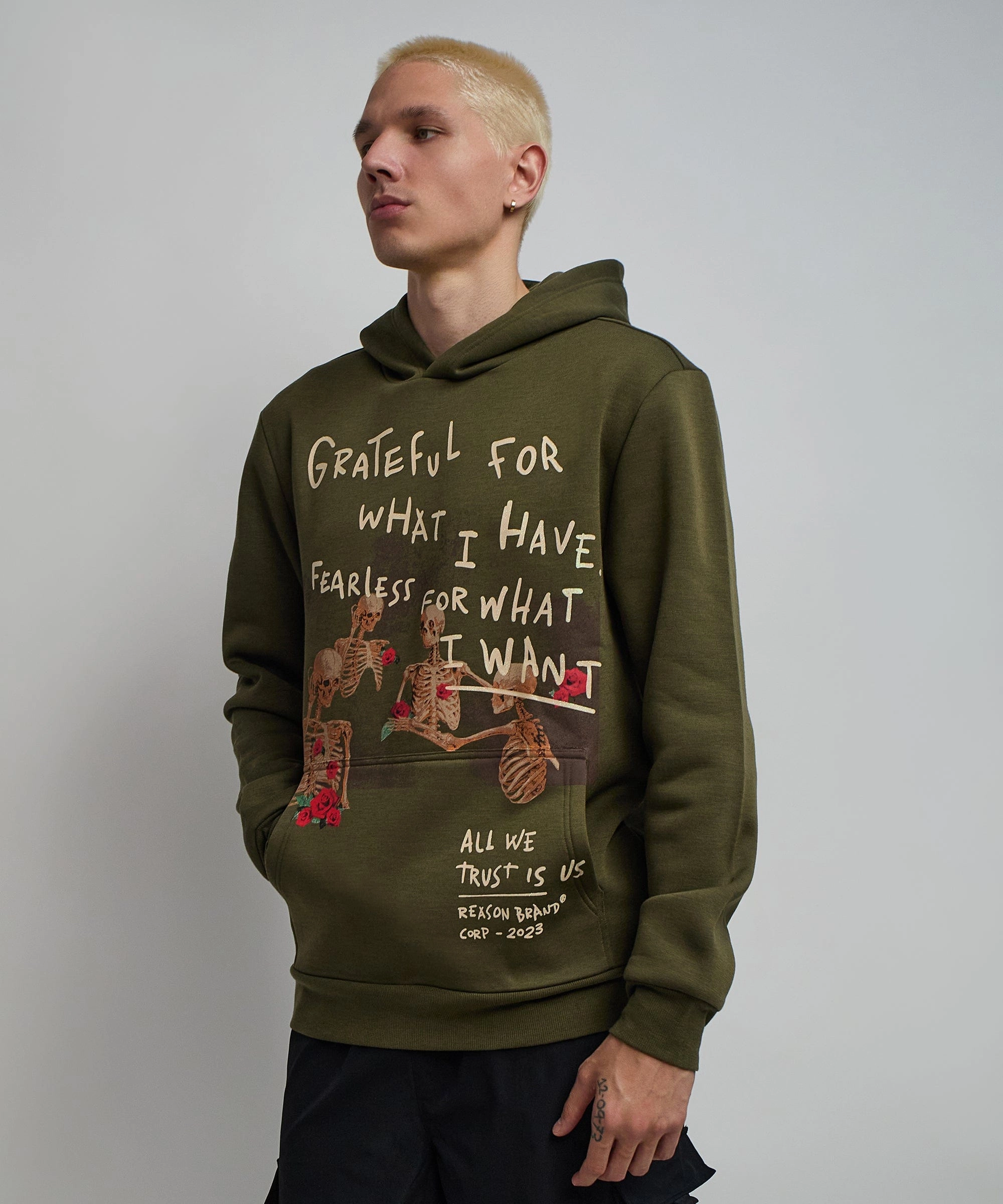 BuiltInLayer Lightweight Blouse Grateful Roses Hoodie - Olive Green