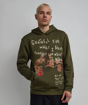 Stretchable Blend Grateful Roses Hoodie - Olive Green