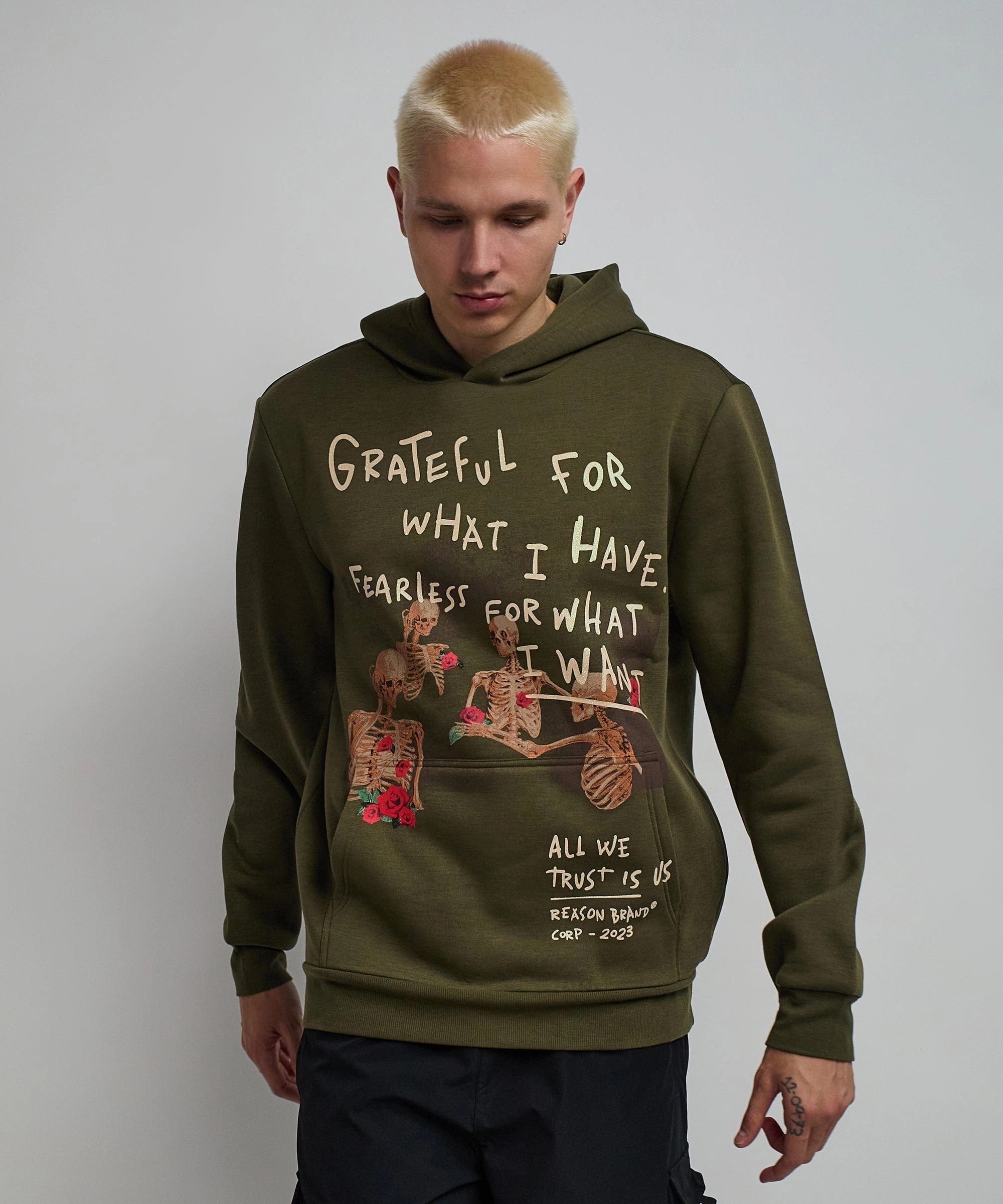 Grateful Roses Hoodie - Olive Green DoubleNeedle Stitching
