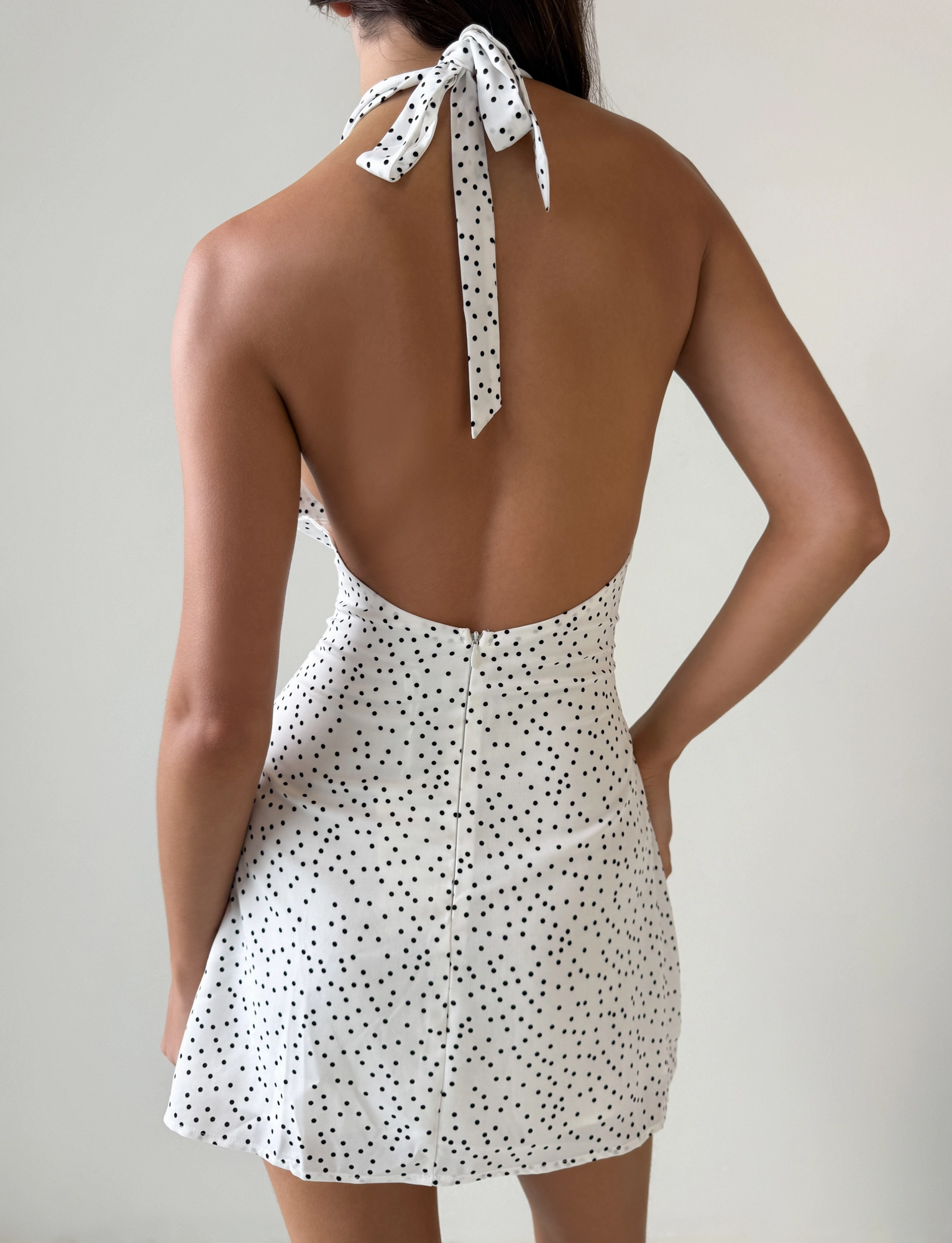 Fitted Shape Cozy Cut DYLAN HALTER MINI DRESS - WHITE POLKA