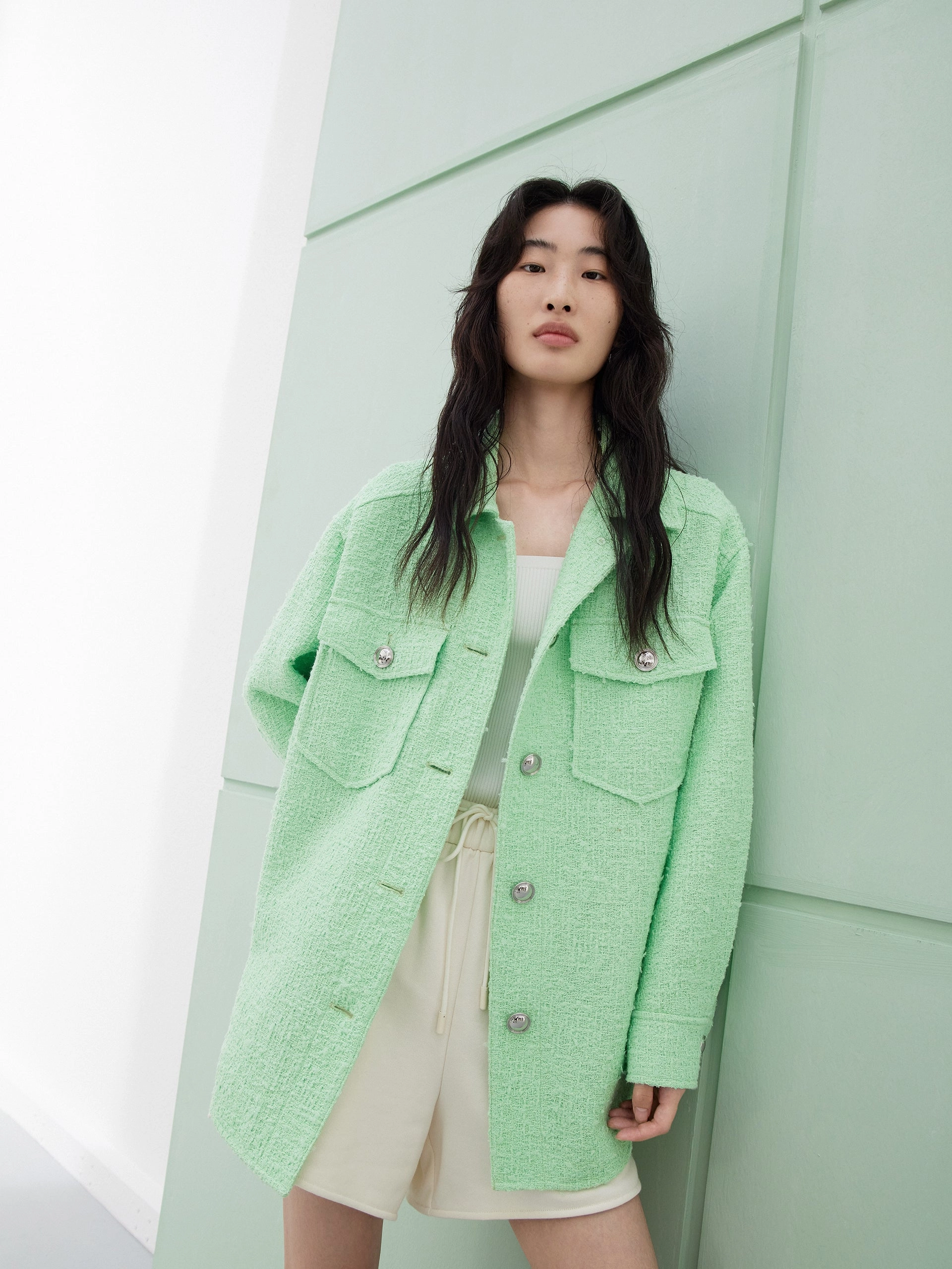 Cotton Blend Tweed Jacket DroppedShoulder