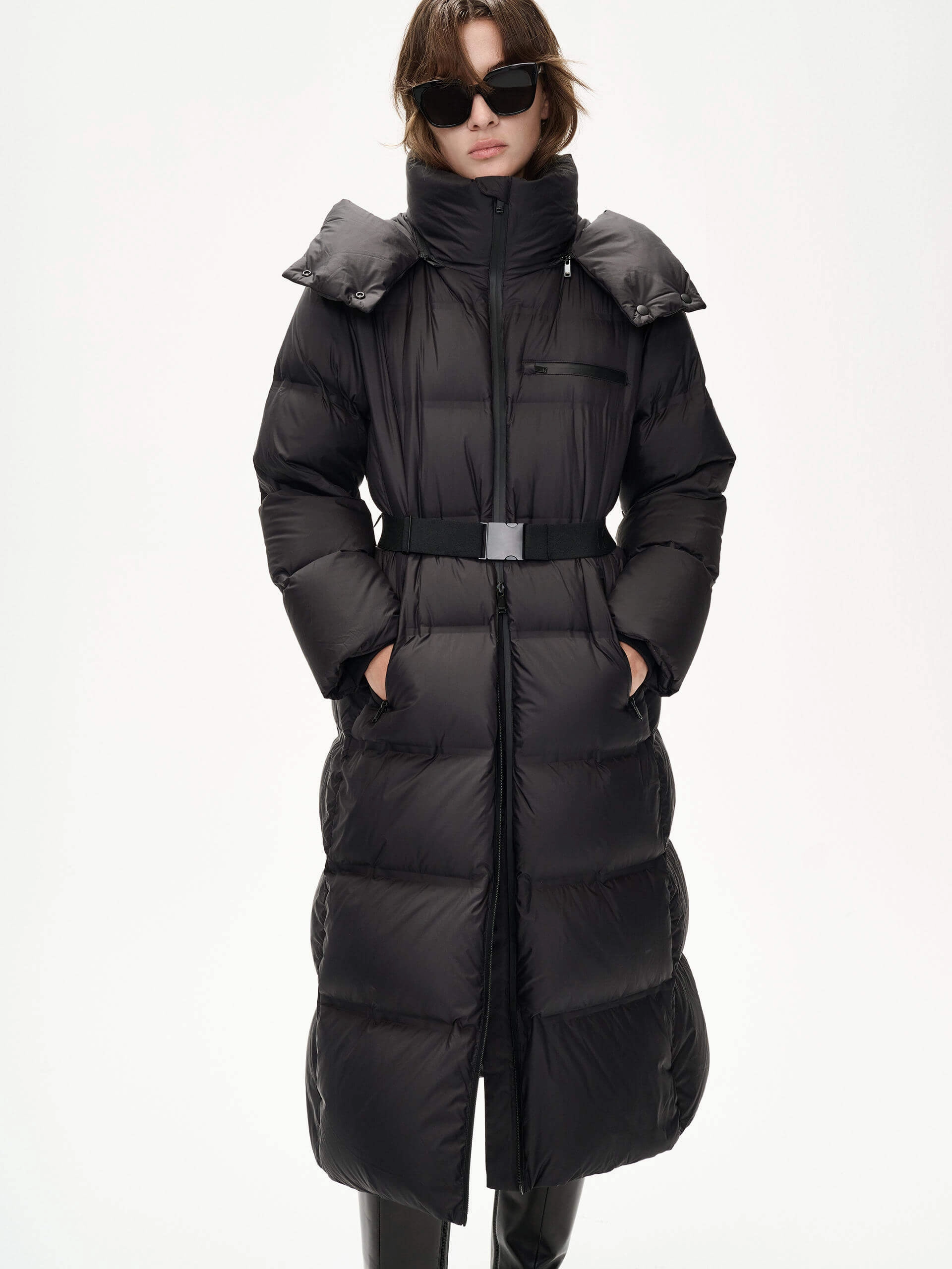 Belt Down Puffer Coat Tear Resistant Fabric Blends