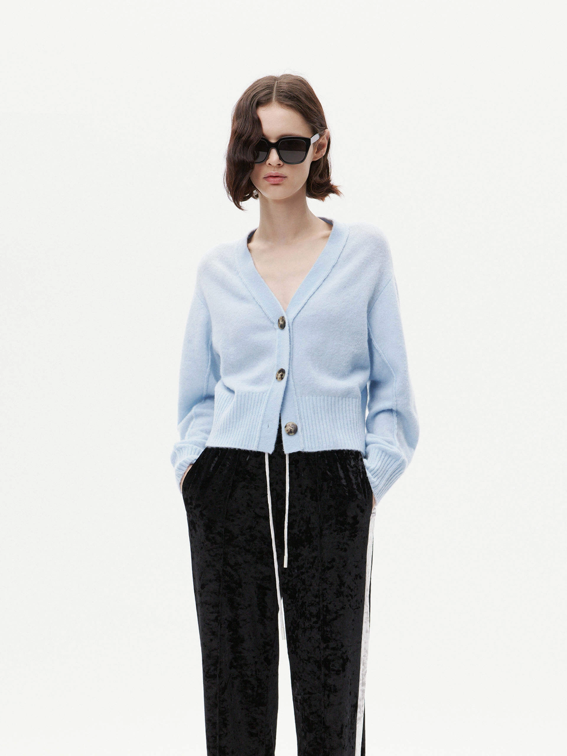 Multipanel Construction Ribbed Trim Cropped Cardigan