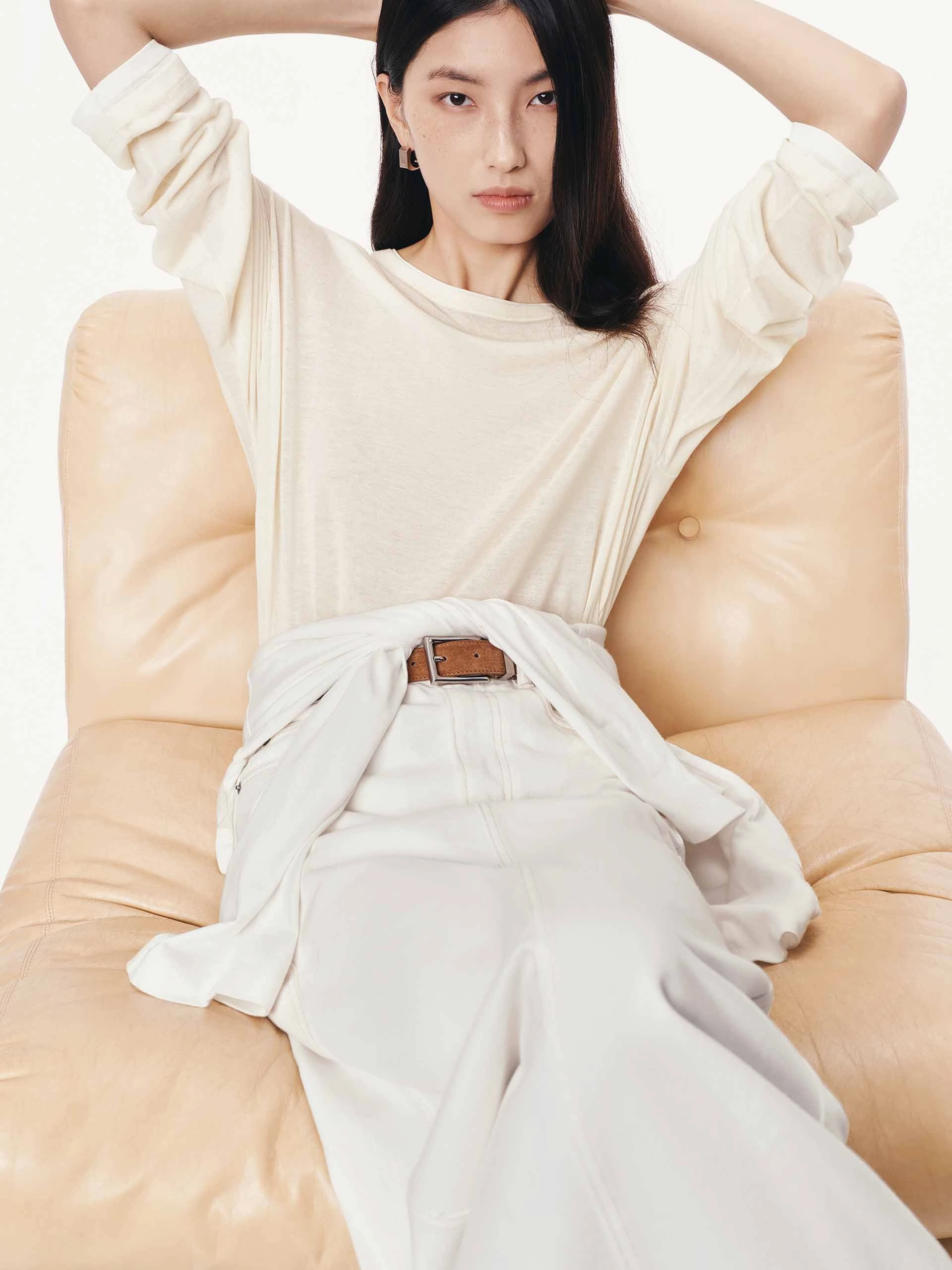Layered Long Sleeves Top FlexibleWaistband Simple Cut