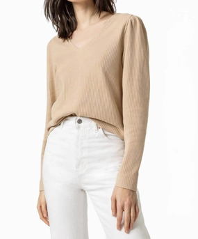 Puff Sleeve Waffle V-Neck Top In Stucco Relaxed Neckline
