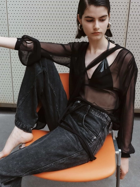 Layered Shoulder Petal Sleeve Architecture Silk Tie Detail Blouse
