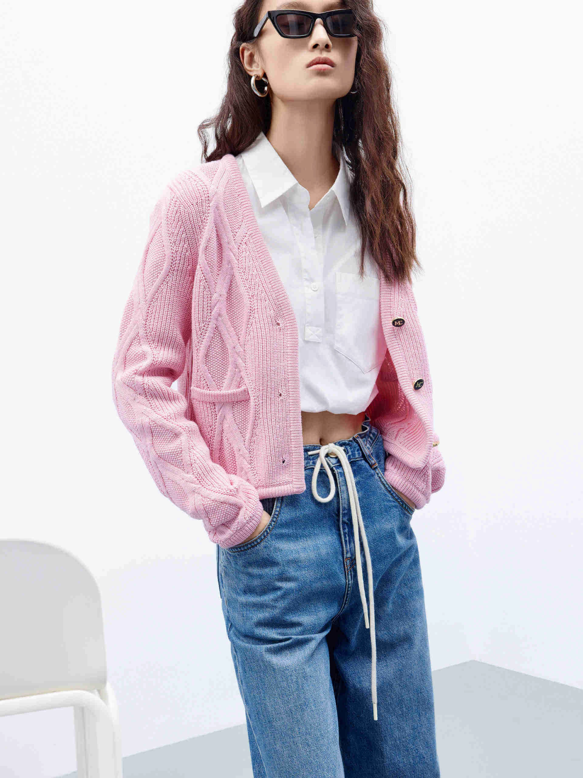 RollUpSleeves Stretch Fit Contrast Trim Cropped Cardigan