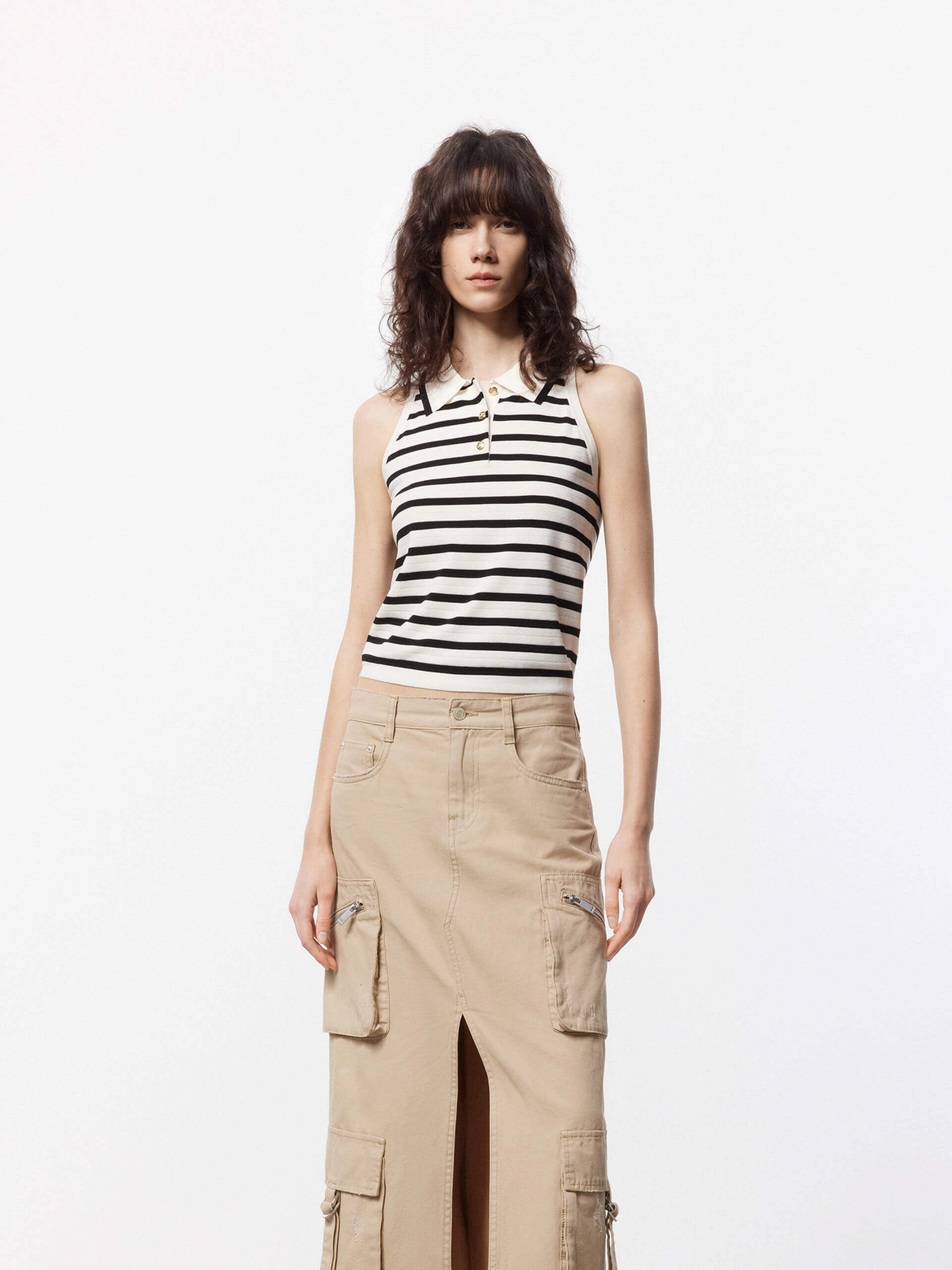 Striped Pattern Knit Top Stretch Blouse