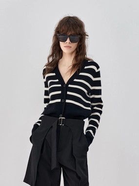 Wool Striped Knit Cardigan OversizedFit Modular Pocket Layout