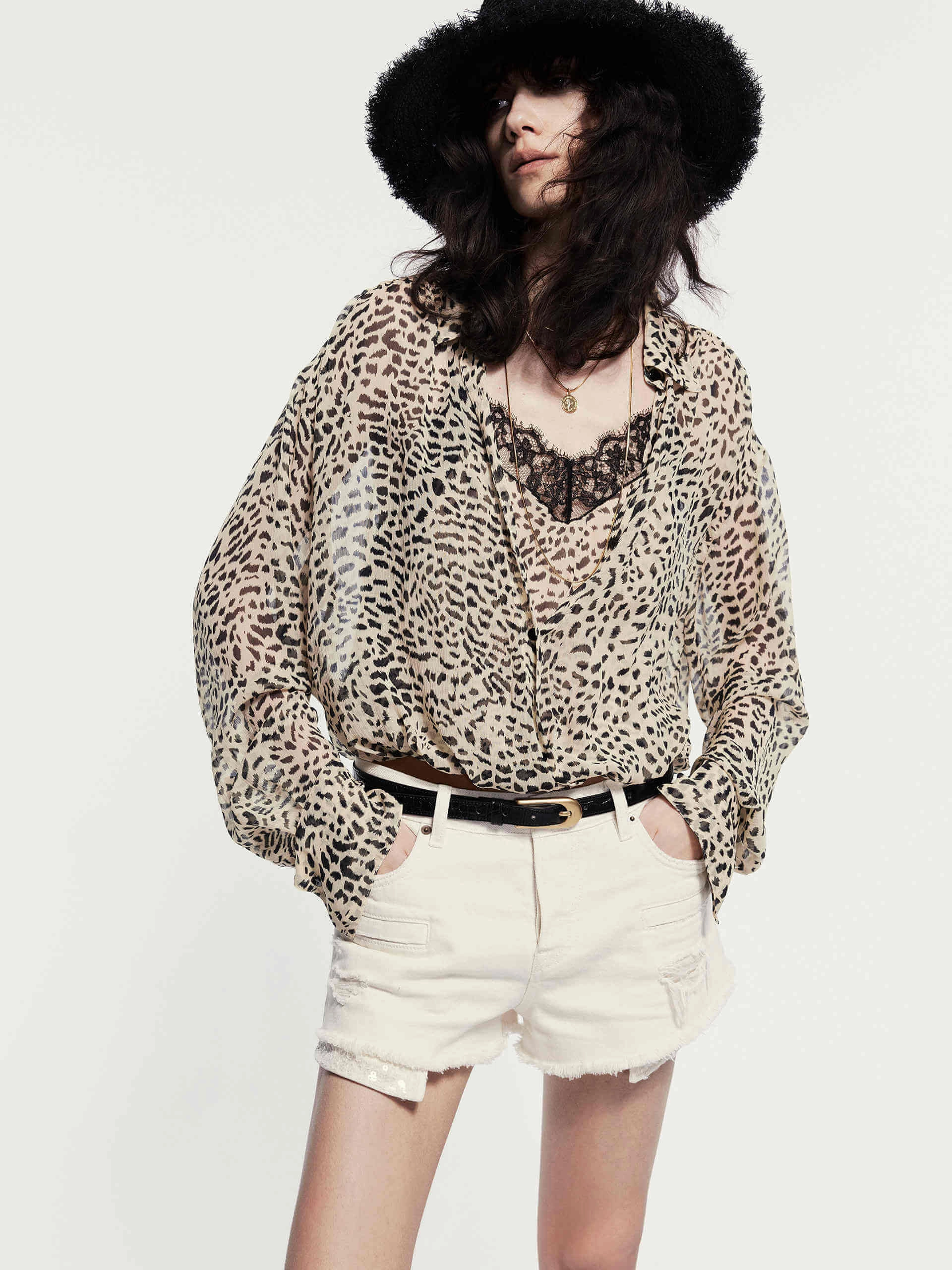 Scoop Neck Shape Leopard Print Silk Blouse