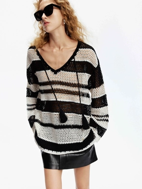 BondedEdges Crochet Knit Stripe Sweater