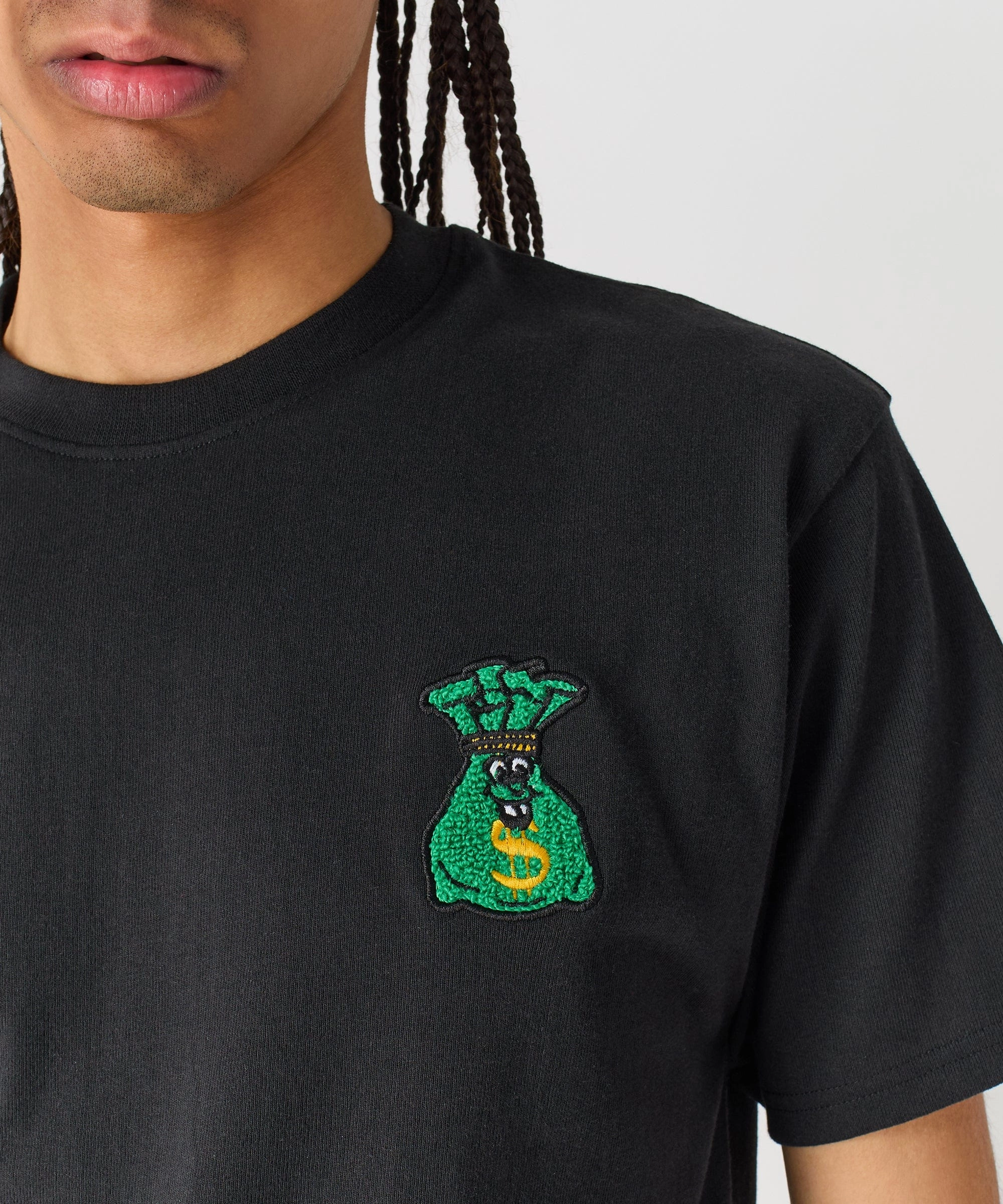Two Tone Texture Effect Money Bags Chenille Patch Short Sleeve Tee - Black