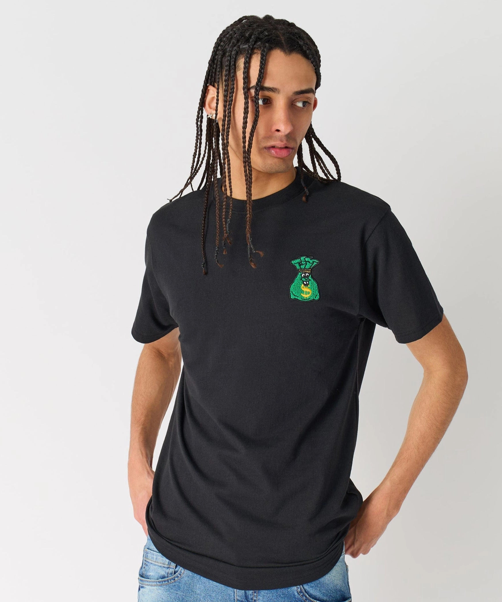 Money Bags Chenille Patch Short Sleeve Tee - Black AntiMicrobialLining Tencel Blend Fabric