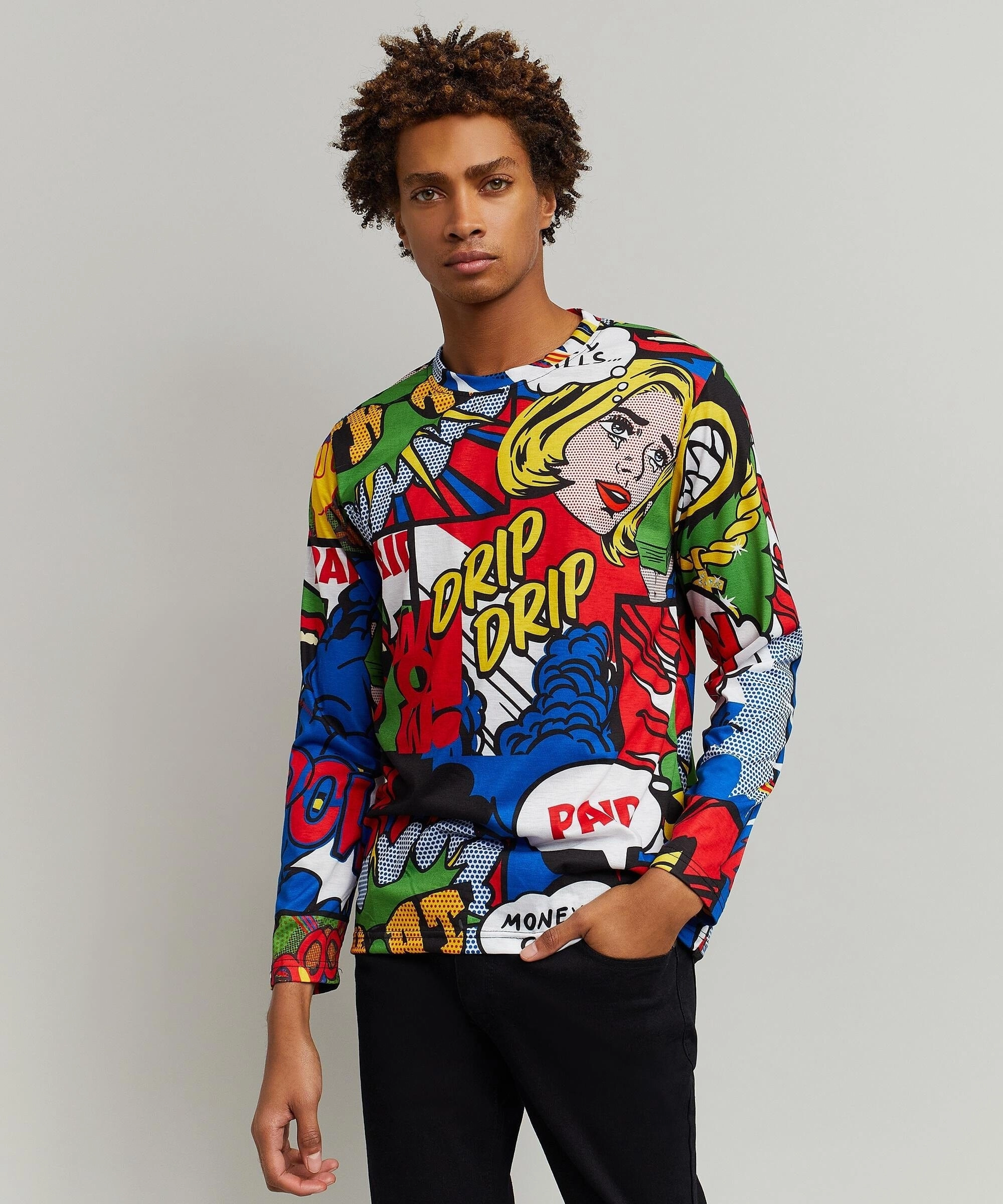 Money Drip Allover Print Long Sleeve Tee Ribbed Trim Laser Cut Edges