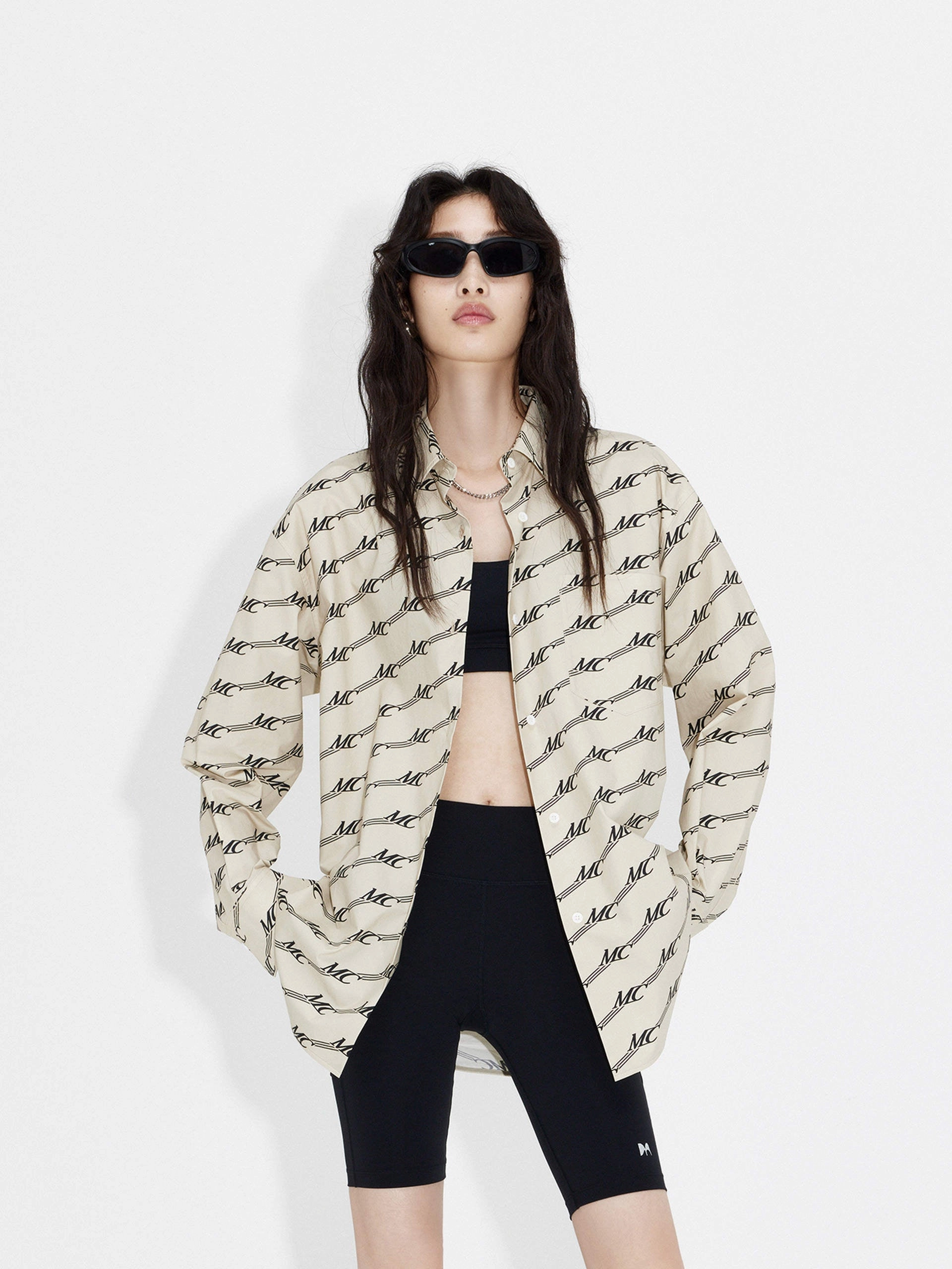 Low Profile Collar SunProtective Monogram Print Cotton Shirt