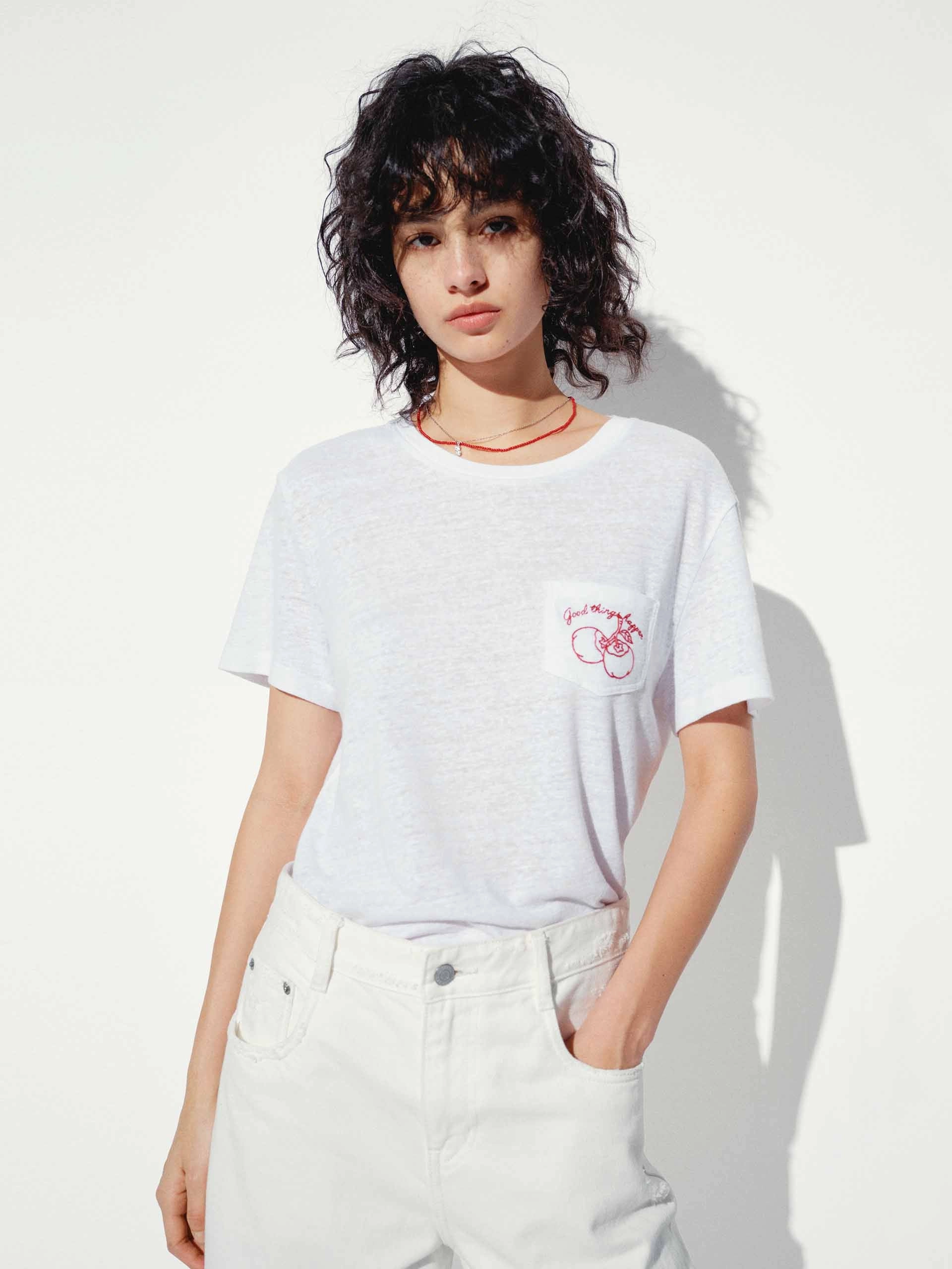 Linen Blend Embroidery T-shirt Sleek Style Street Comfort