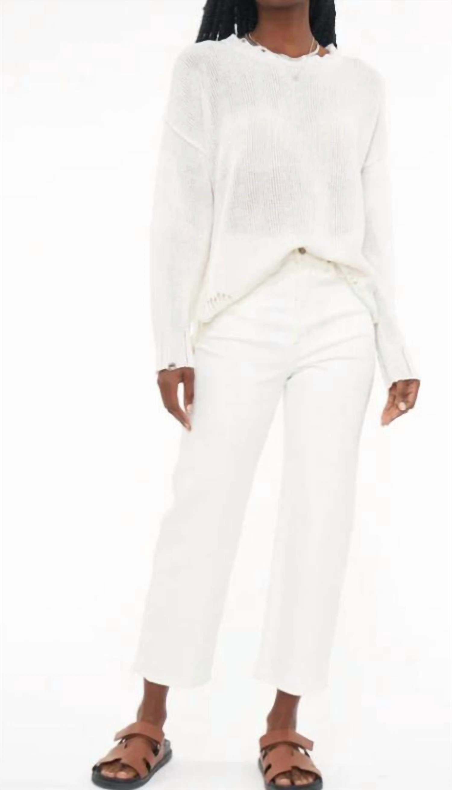 Cozy All-Day Casual Essentials Elyse Sweater In Vanilla Distressed