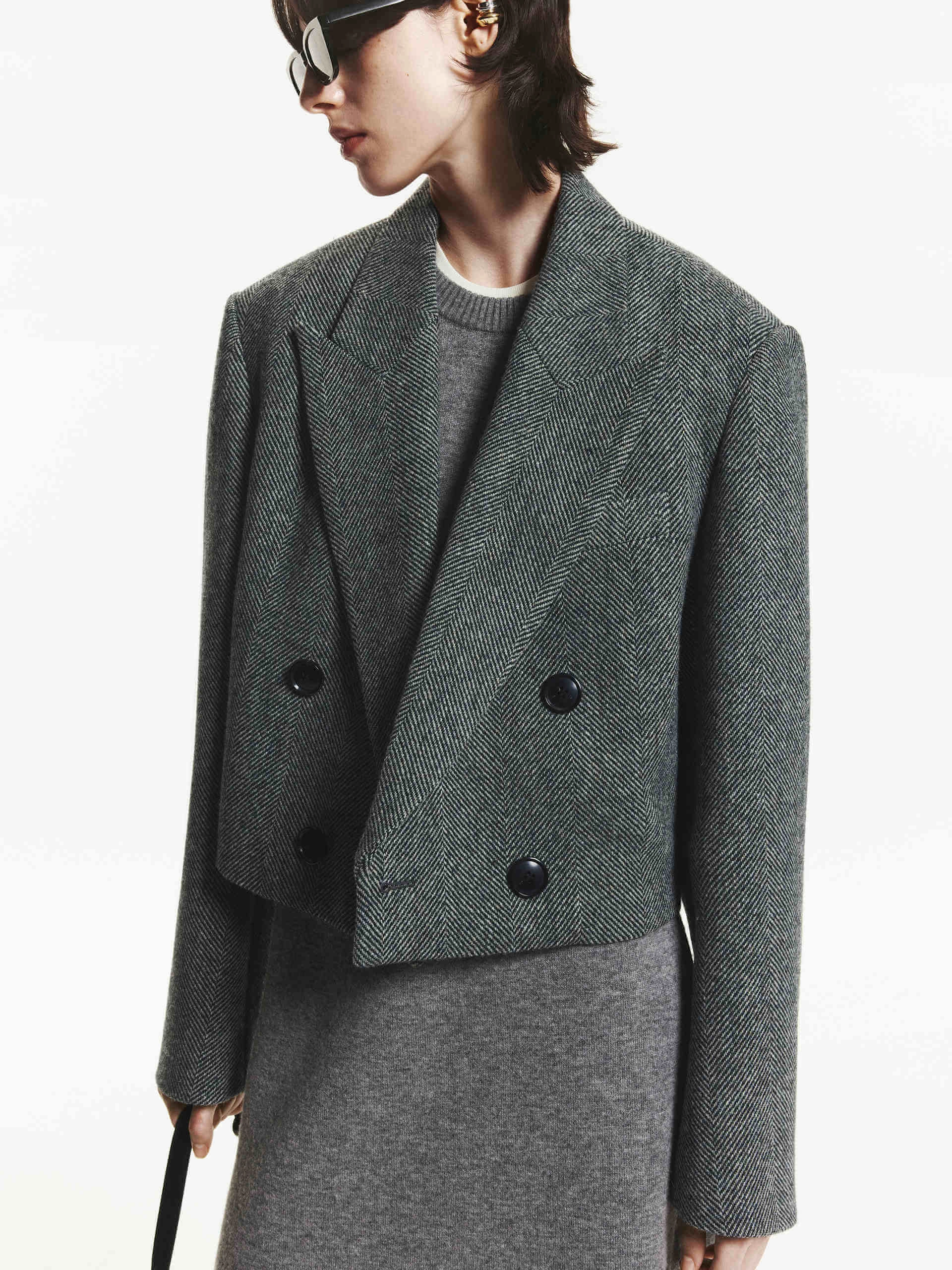 Herringbone Cropped Blazer Weatherproof Zipper Closure BreathableFabric