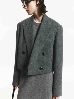 Herringbone Cropped Blazer ShrinkResistantFabric Hooded Attachment
