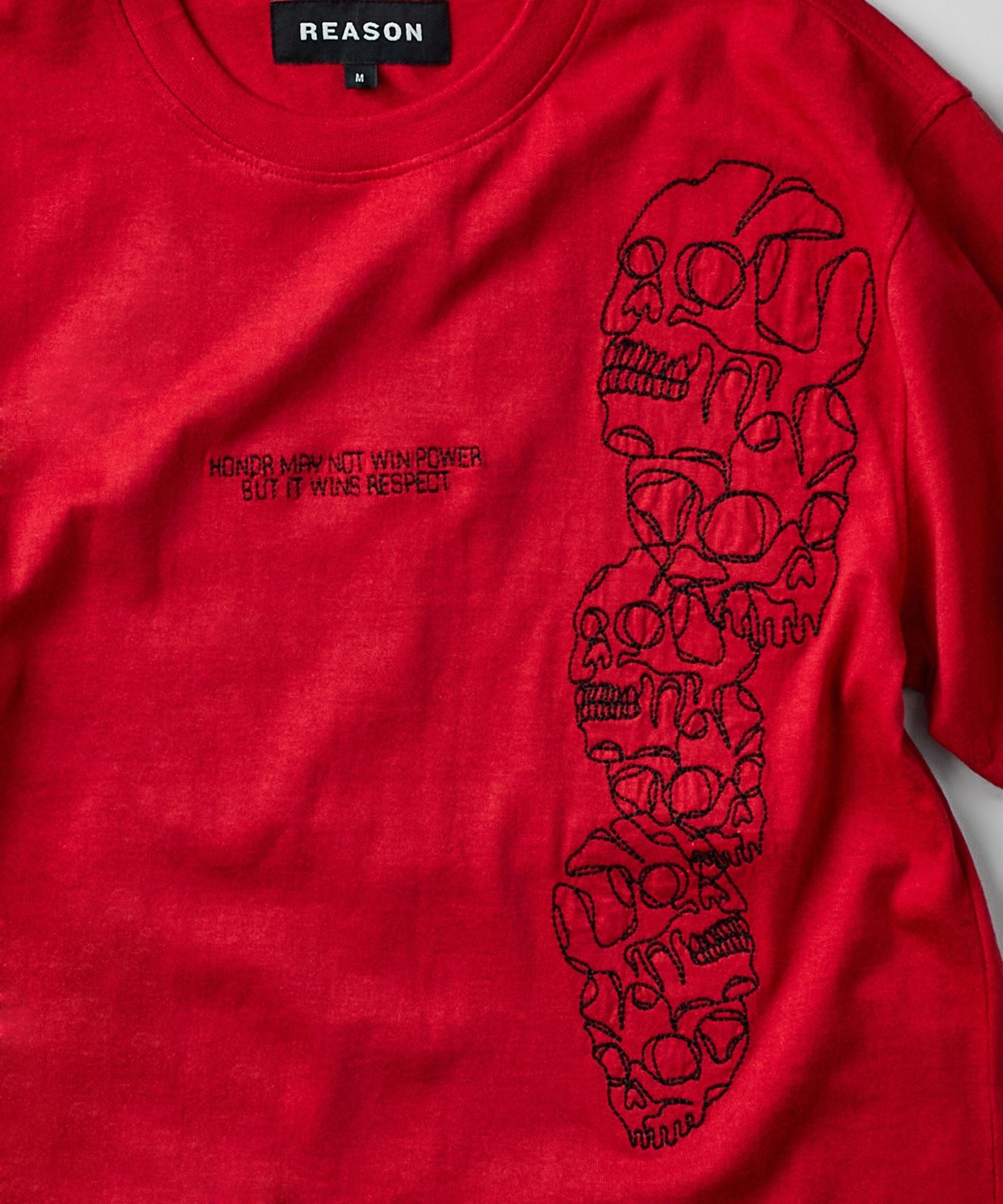 Ribbed Trim Details Respect Embroidered Short Sleeve Tee - Red