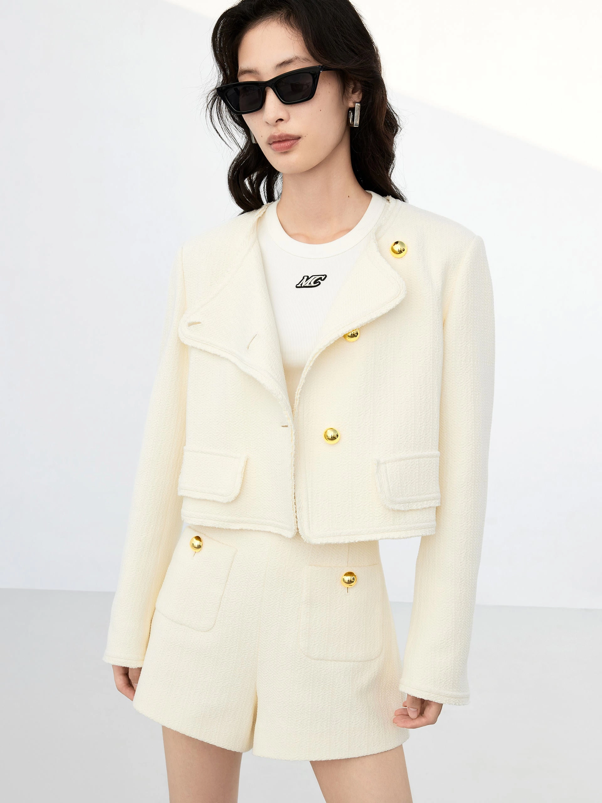 Antistatic Collarless Metal Button Crop Jacket