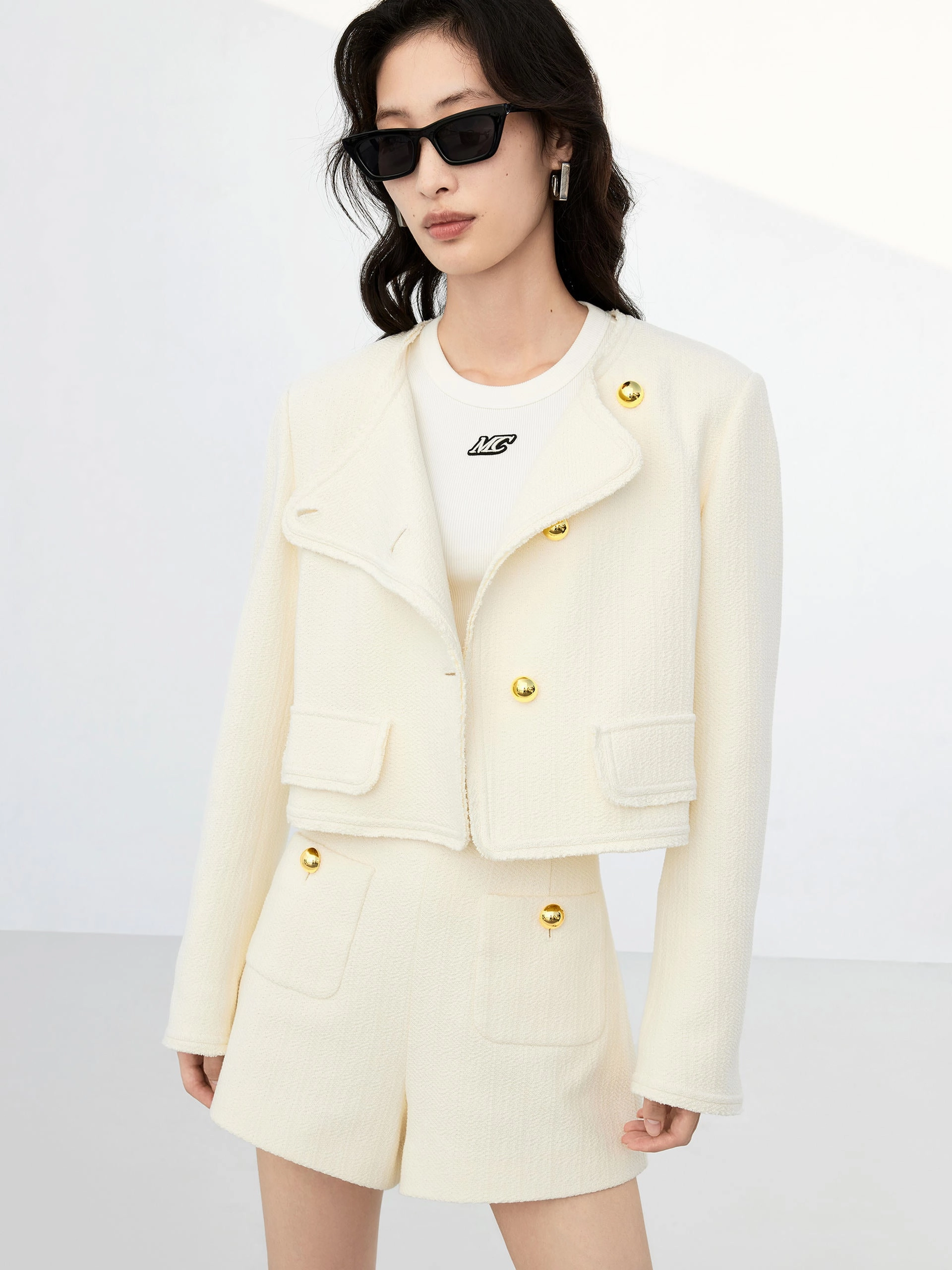 Collarless Metal Button Crop Jacket Layered Neckline