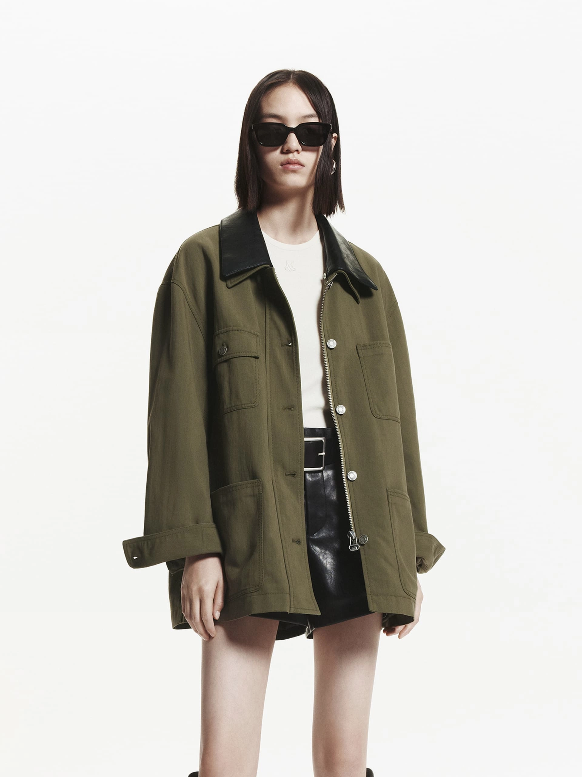 RibbedNeckline Leather Collar Loose Coat