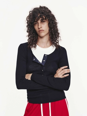 Half Button Wool Sweater LayeredNeckline ThermalLining