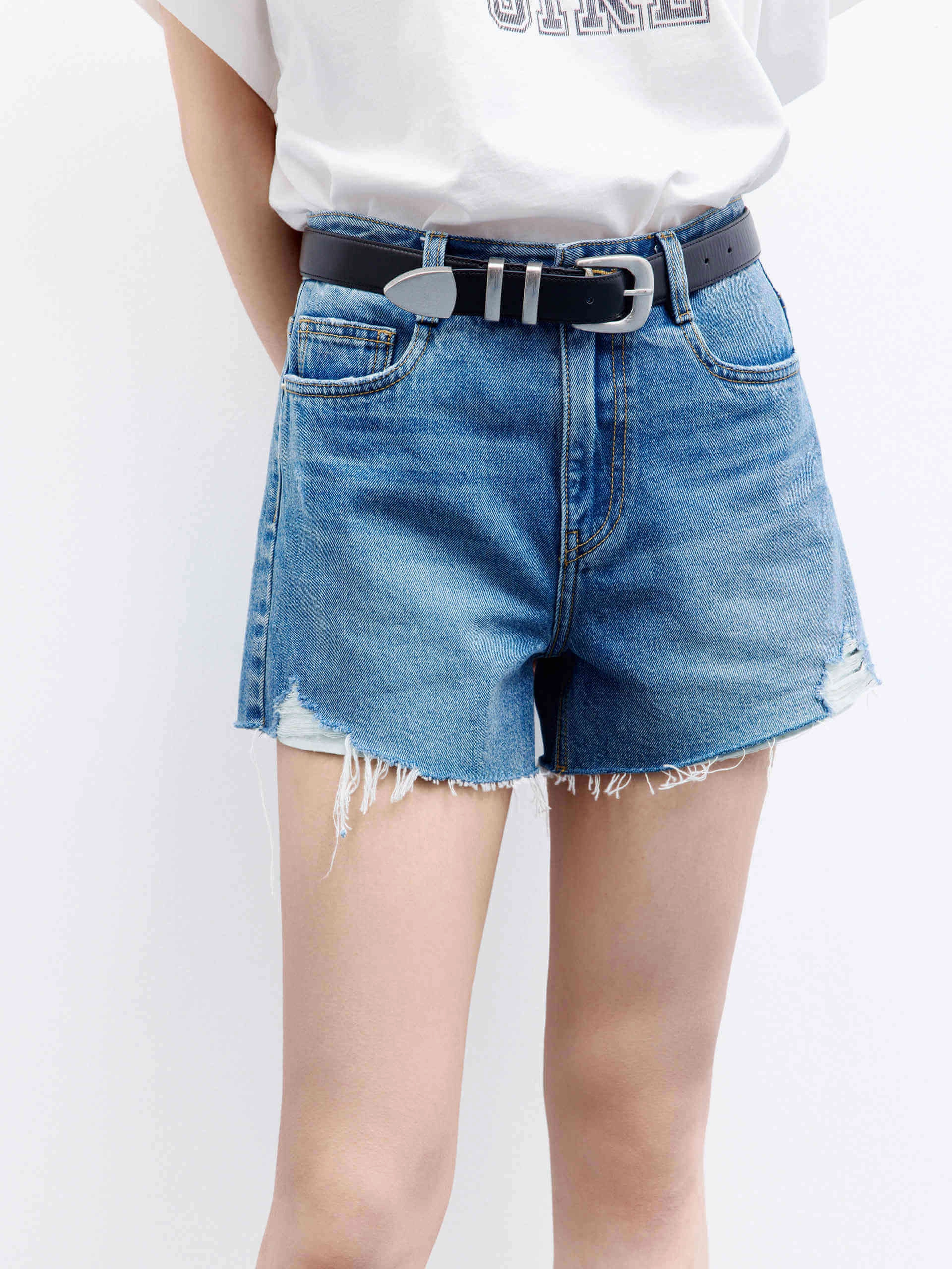 Mid Waist Raw Hem Shorts HiddenPockets