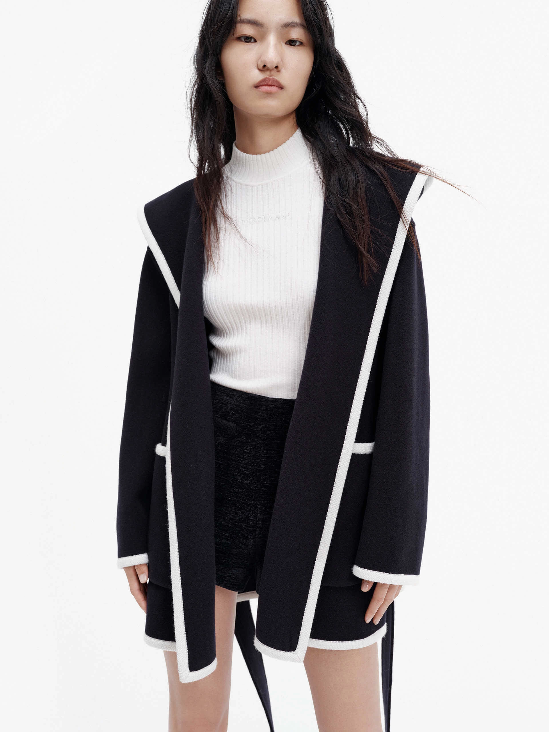 Belted Contrast Trim Coat Comfortable fit Anti Microbial Lining