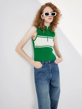 Contrast Sleeveless Knit Top CarbonNeutral Production High Collar Design