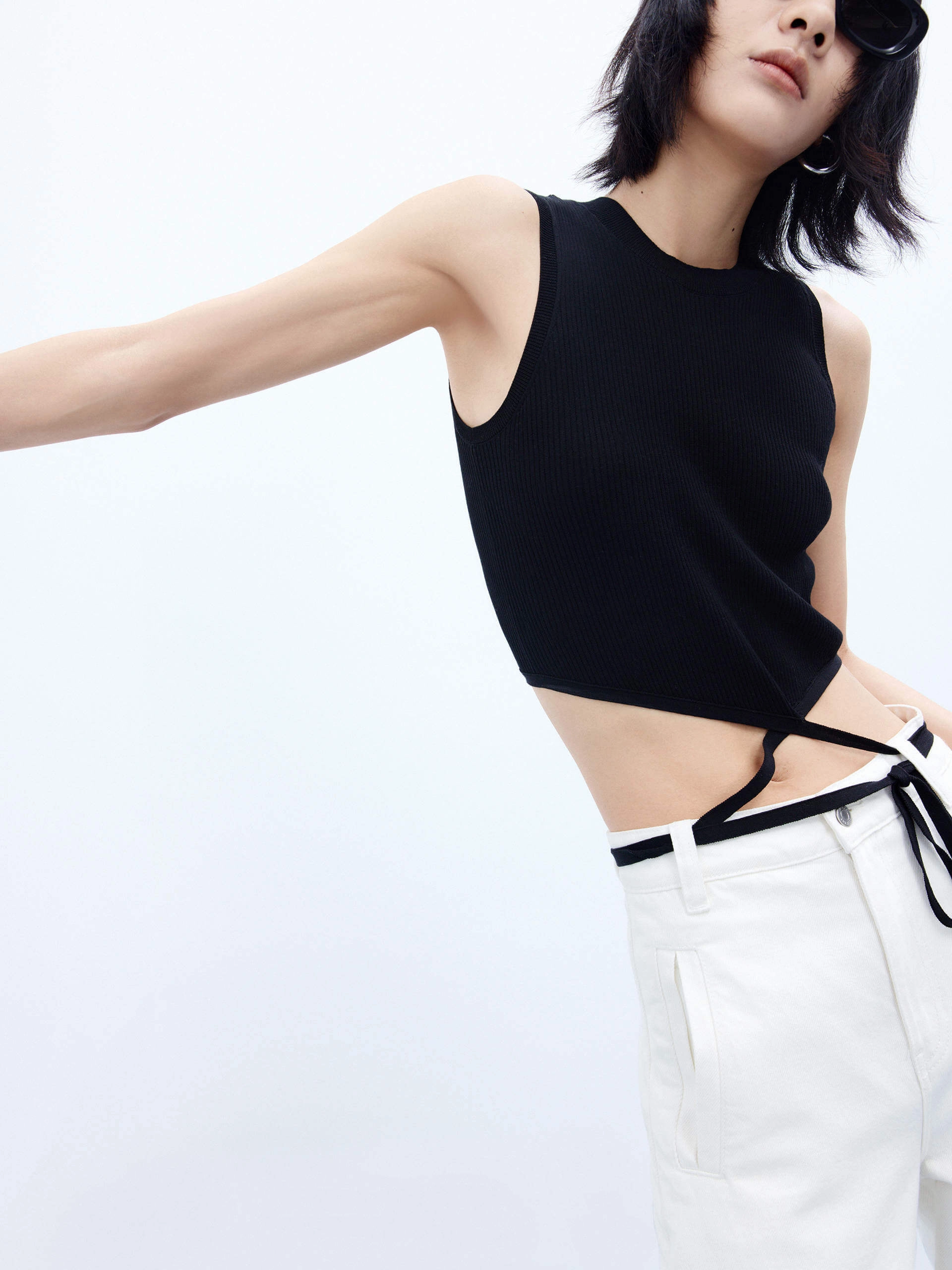 Tie Detail Checkered Tank Top Flexible Ribbing Double Stitched Hems