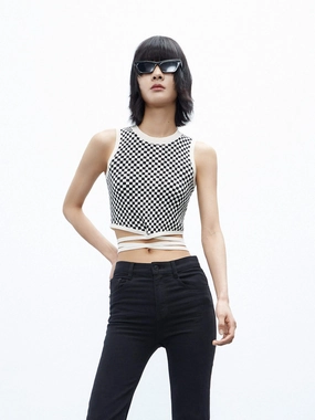 Tie Detail Checkered Tank Top Non Restrictive Fit UltraSoft Blend