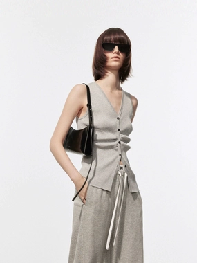V-neck Ribbed Knit Tank Quick Release Buttons