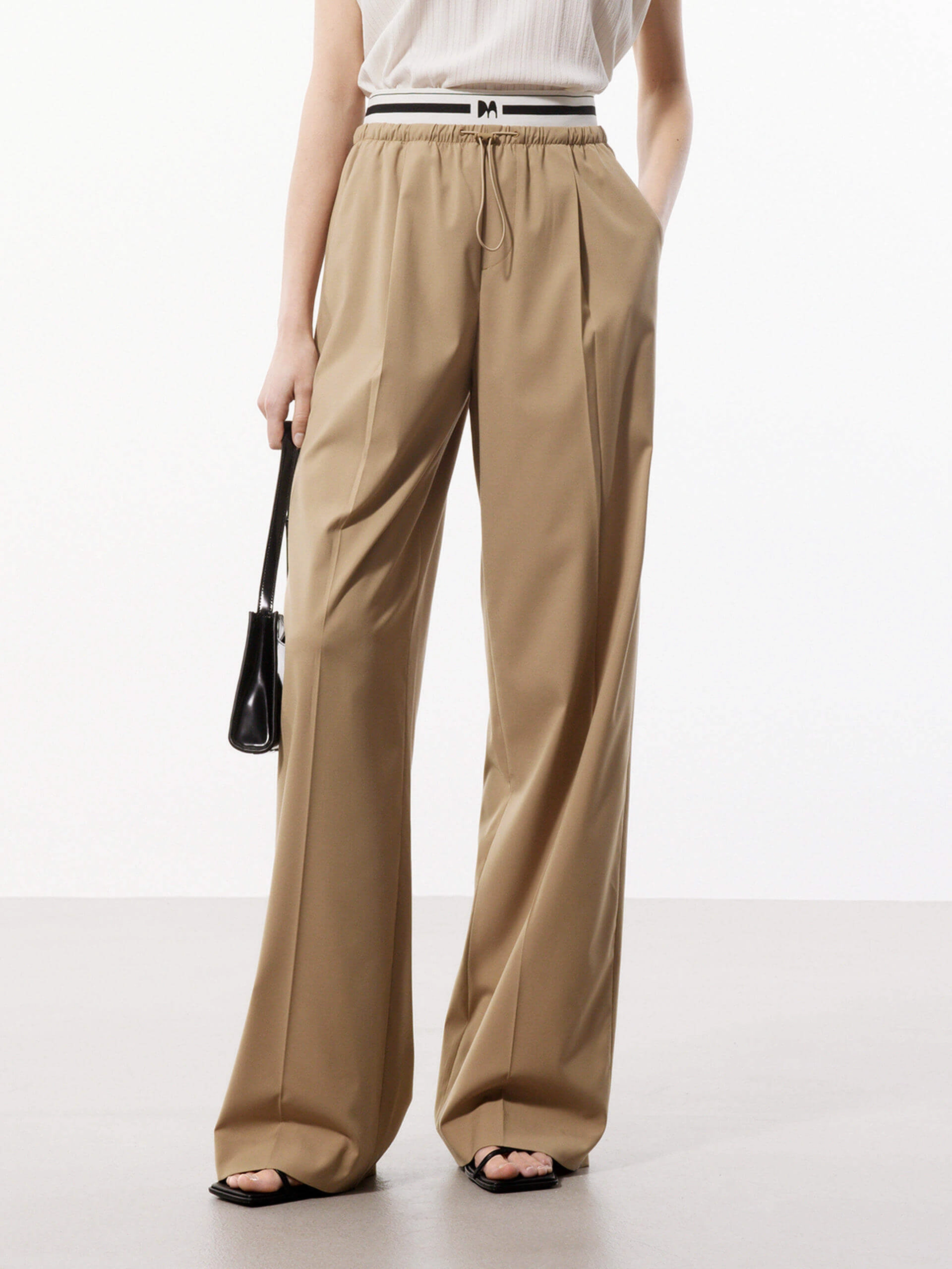 Contrast Waist Pleated Pants Sleek Cut No Sagging