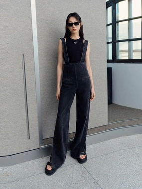 Essential Wearable Cuffed hem Cotton Slit Denim Jumpsuit