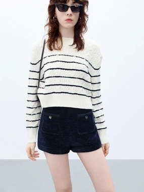 Tencel Cotton Hybrid Weave ReflectiveDetails Cropped Stripes Knitted Top