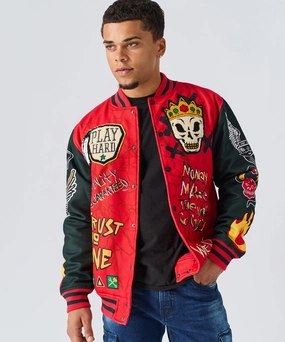 SlimSilhouette Work Hard Chenille Patched Varsity Jacket - Red