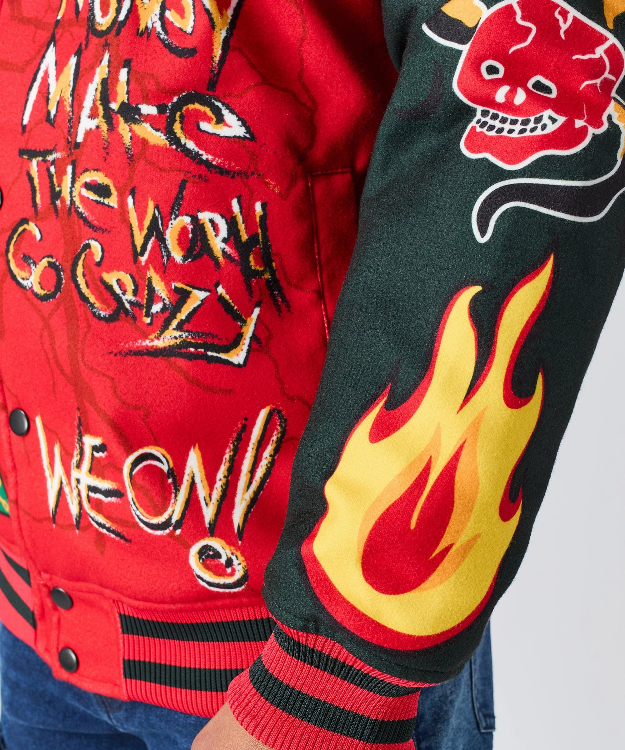 Gloss Free Texture heavy duty fabric Work Hard Chenille Patched Varsity Jacket - Red