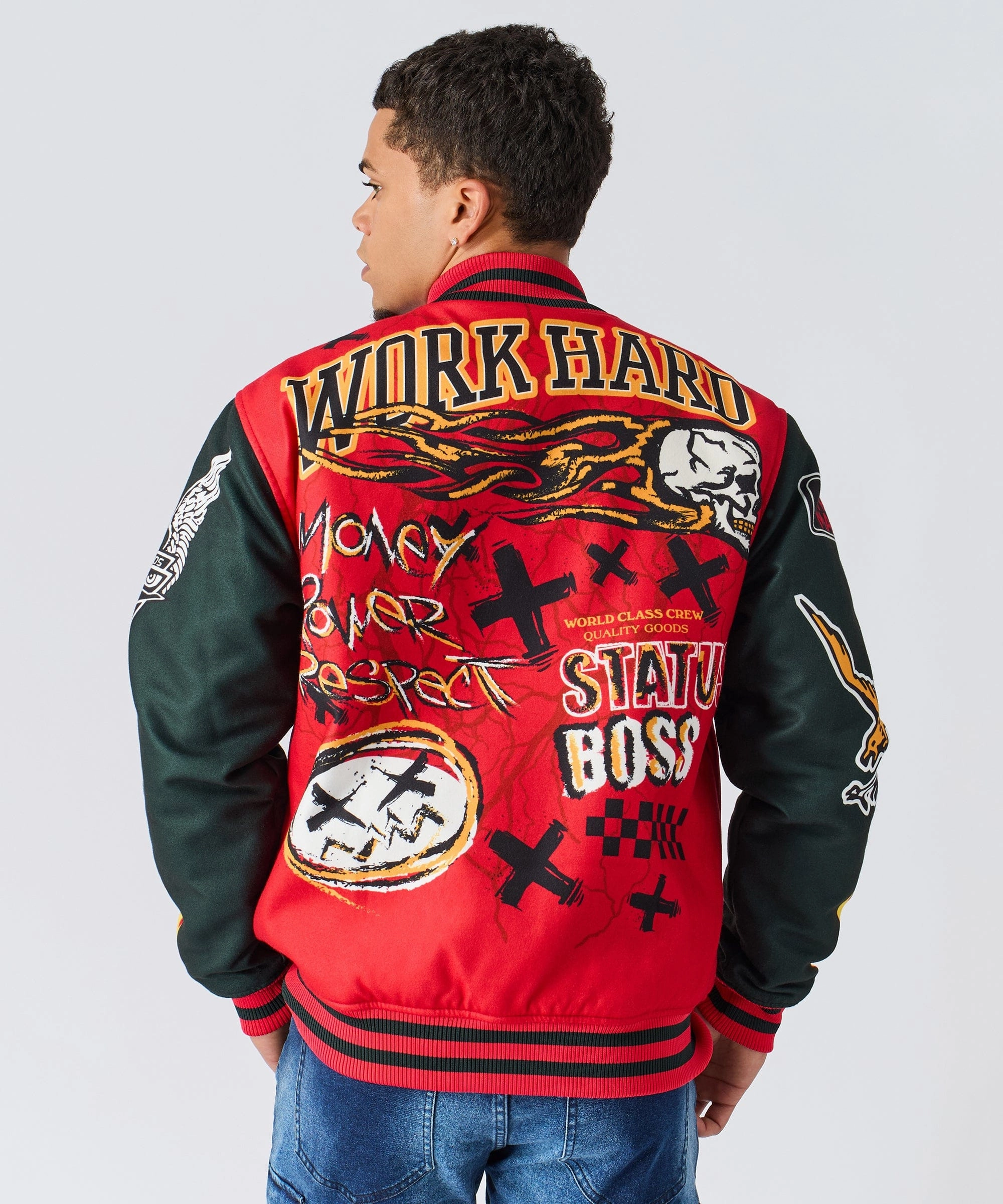 Work Hard Chenille Patched Varsity Jacket - Red Elastic Cuff Adjustment