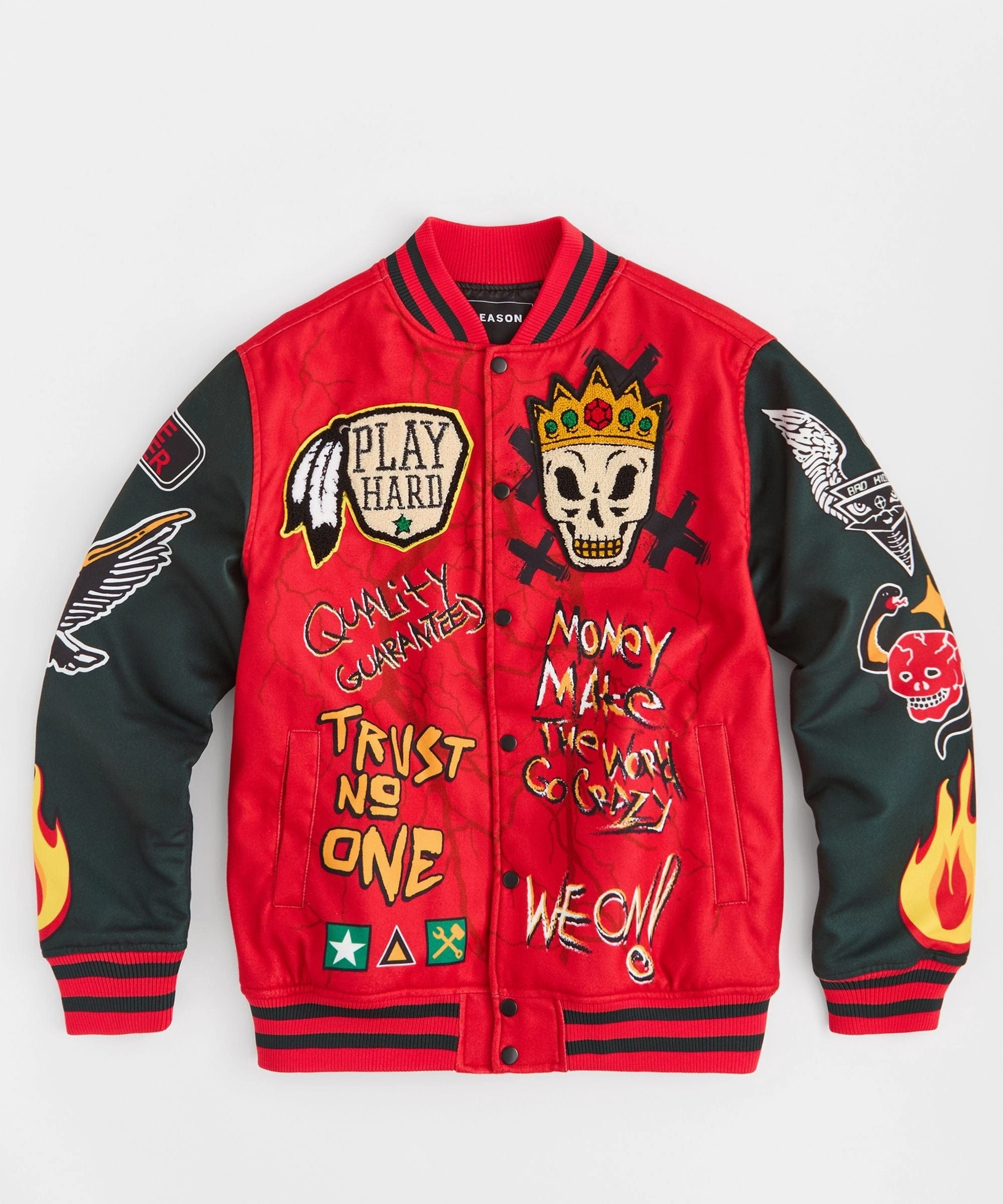 Everyday Layers Work Hard Chenille Patched Varsity Jacket - Red