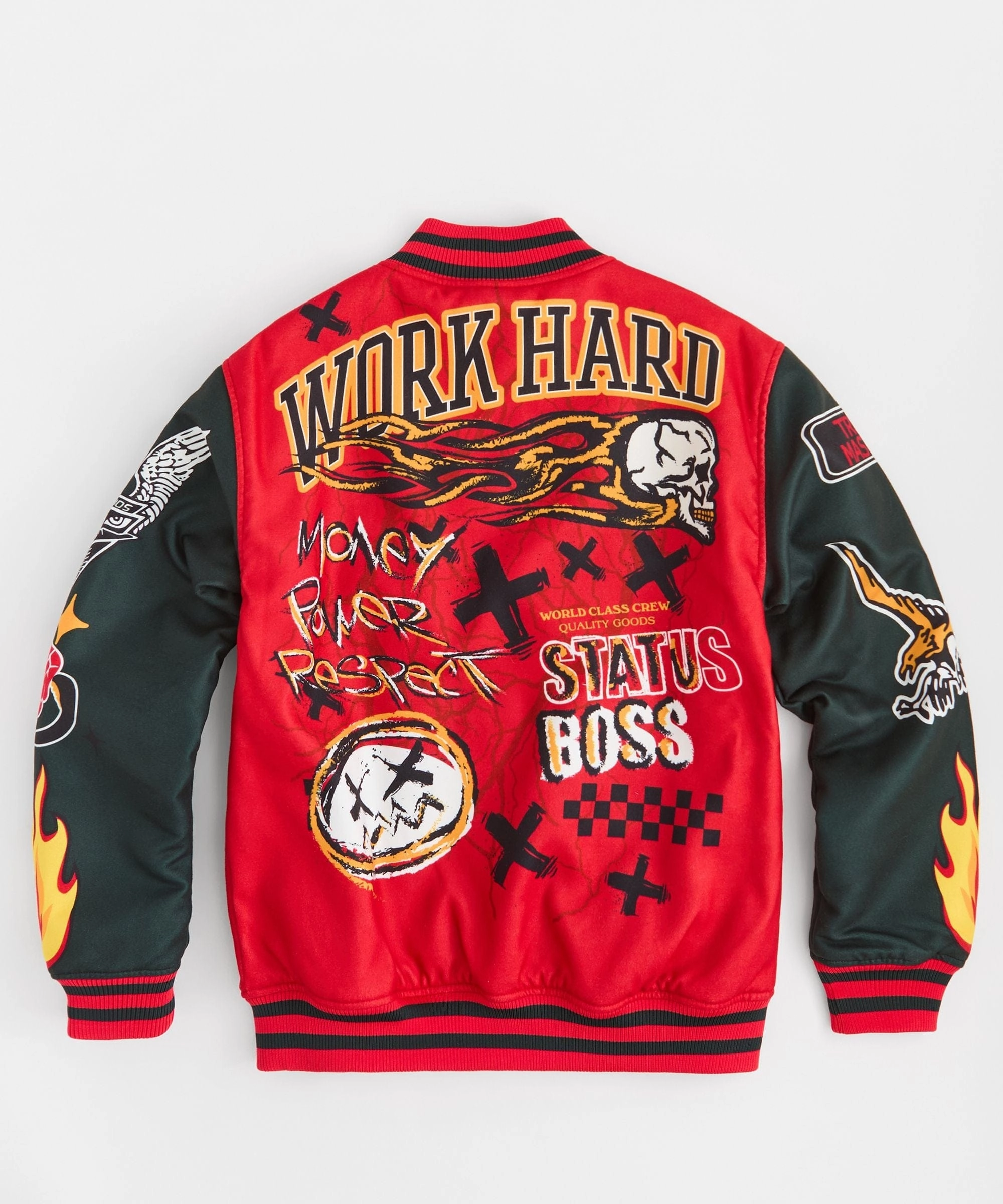 Work Hard Chenille Patched Varsity Jacket - Red Flexible Fiber Fill