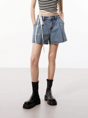 Pleated Detail Denim Shorts Cold Weather Wear