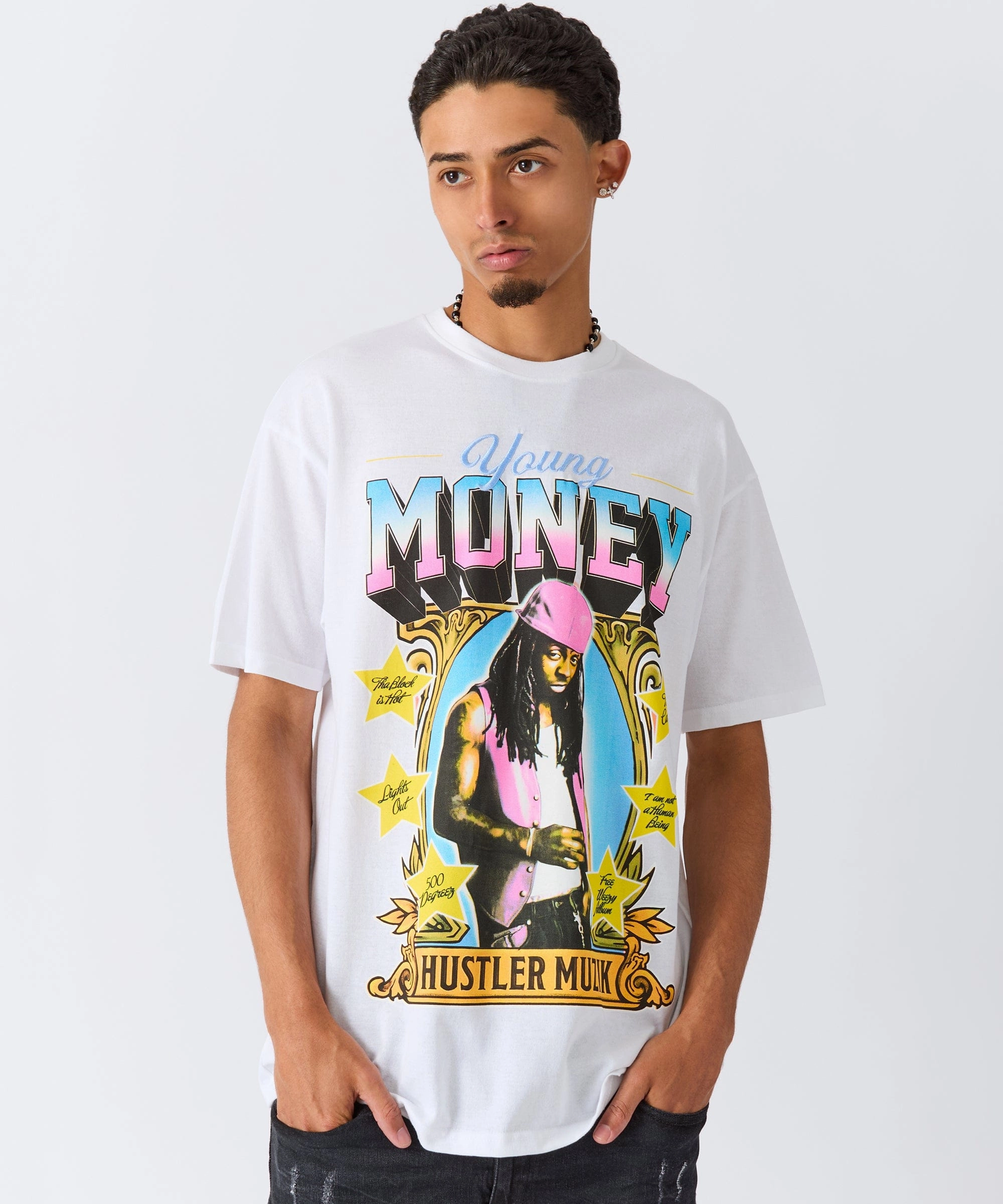 Lil Wayne Hustler Muzik Short Sleeve Tee - White Adjustable Shoulder Straps Reinforced Shoulder Panels
