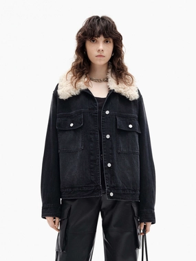 Unstructured Silhouette Fuzzy Collar Denim Jacket