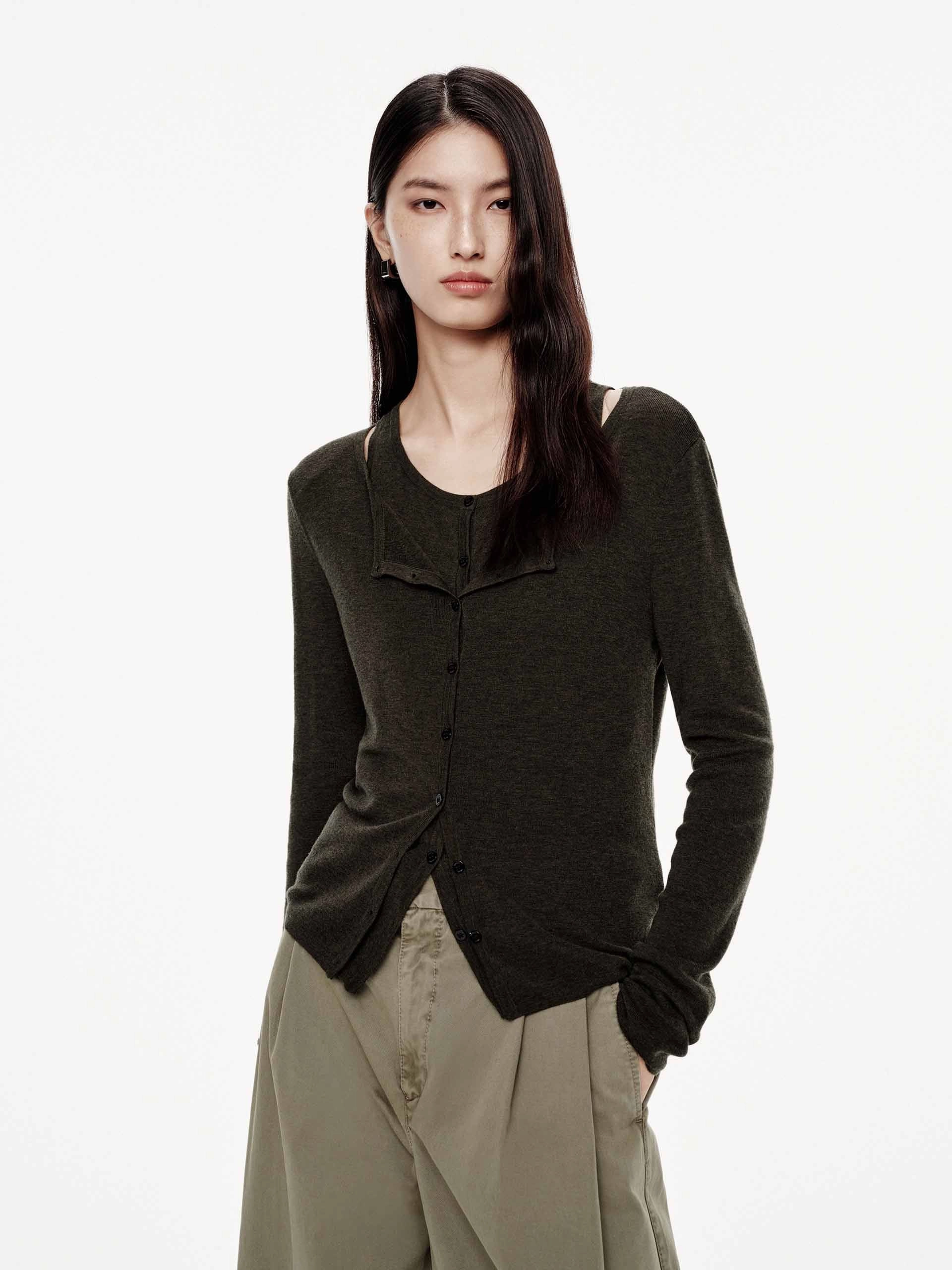 Two-piece Set Wool Cardigan RibbedNeckline