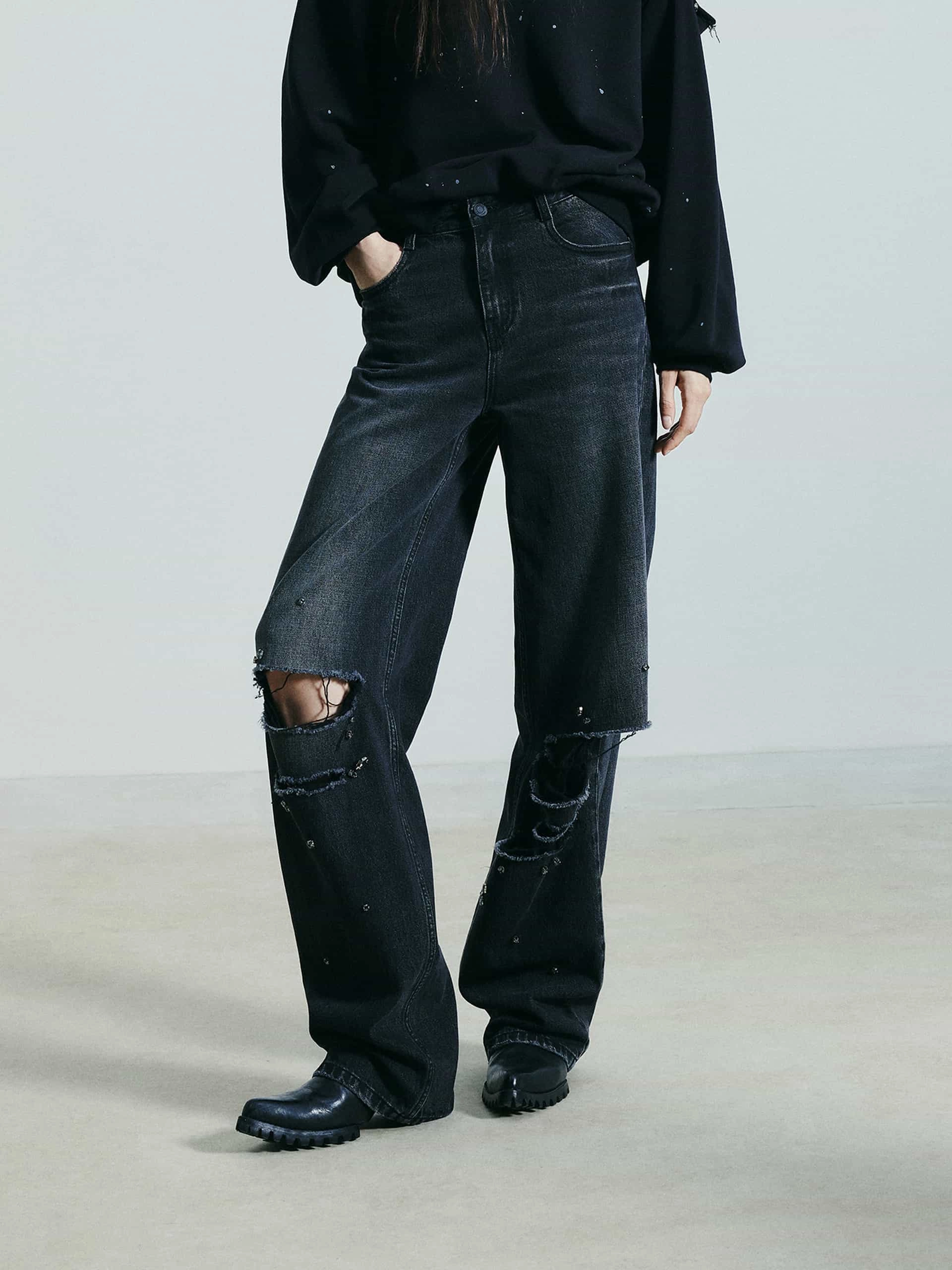 Clean Finish Beading Detail Ripped Jeans
