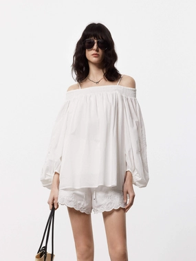 Hidden Pocket Design HypoallergenicConstruction Off Shoulder Cotton Blouse
