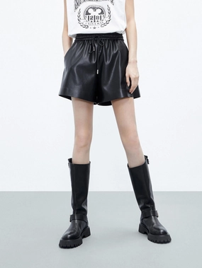 Drawstring Waist PU Shorts Day-to-Day Wear Casual Active