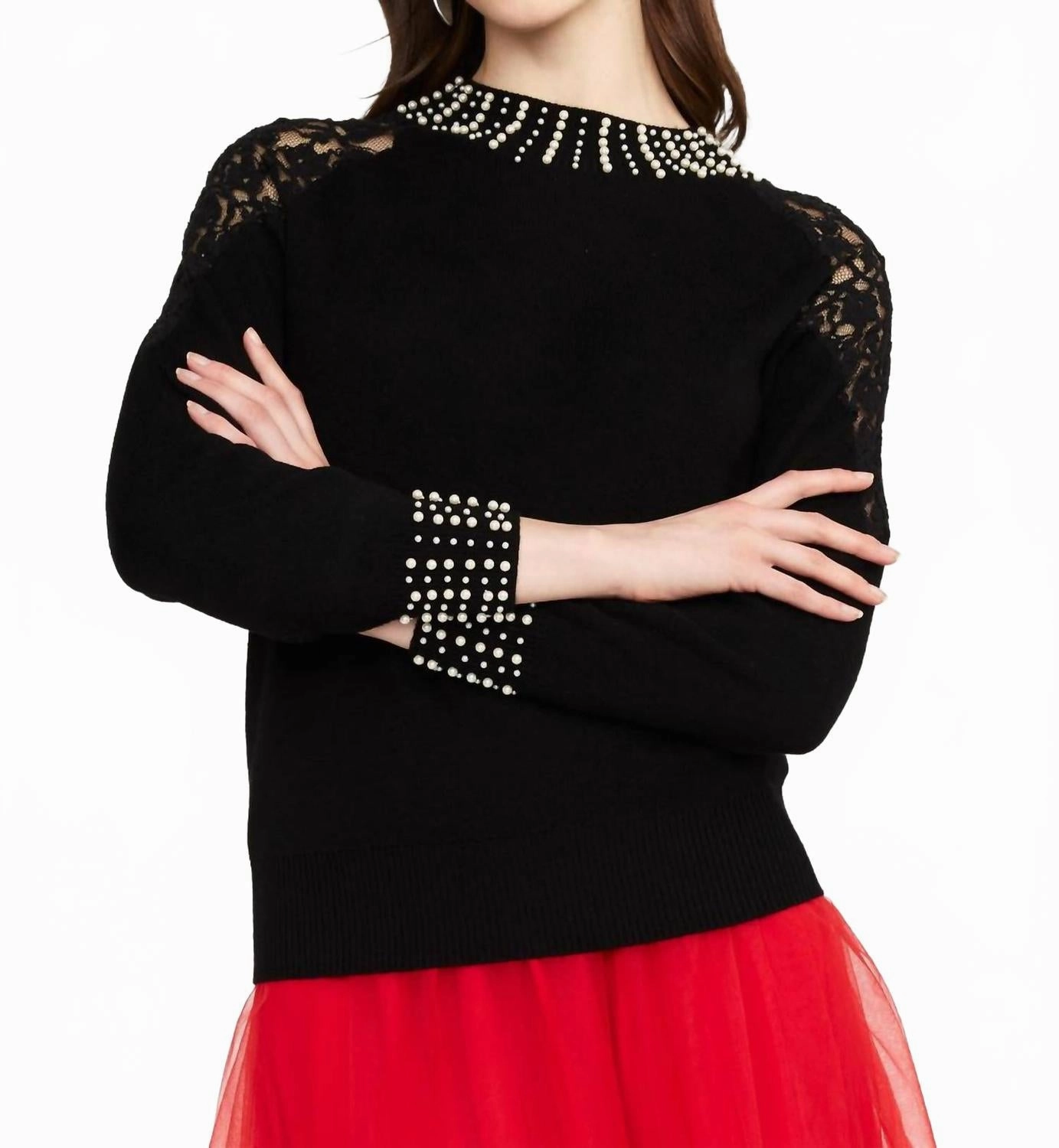 Wrinkle Resistant Lace Detail Sweater In Black